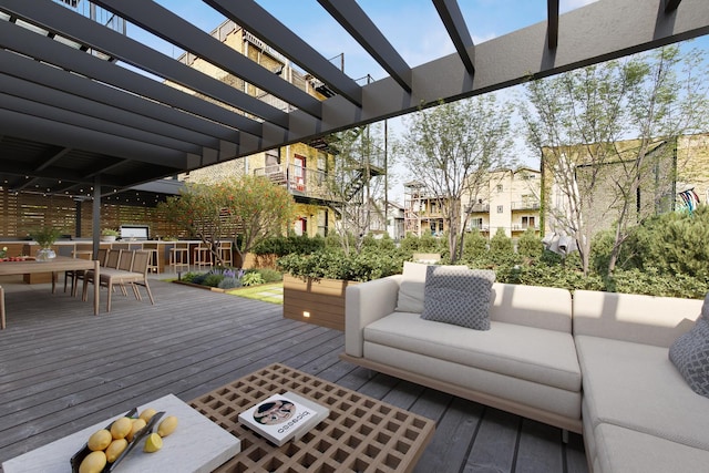 deck with outdoor lounge area, a pergola, a residential view, and outdoor dining space