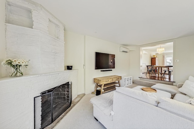 living area with an AC wall unit and a fireplace