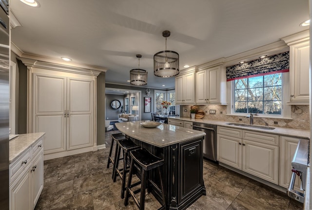 kitchen featuring a sink, backsplash, light stone countertops, and stainless steel dishwasher