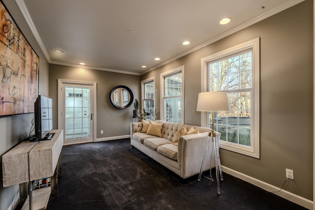 living area featuring recessed lighting, dark carpet, baseboards, and ornamental molding