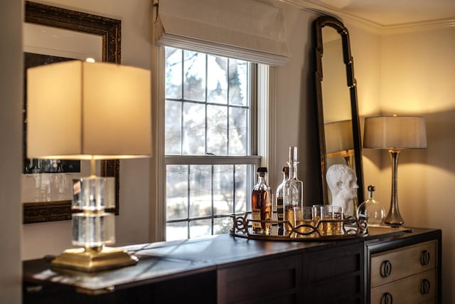 interior space with a bar and ornamental molding