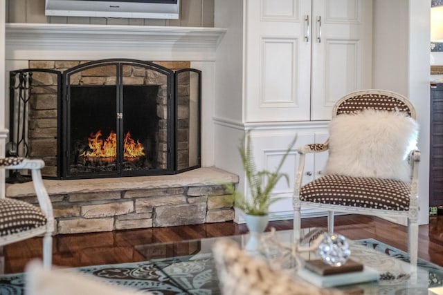 interior space with a stone fireplace