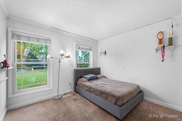 carpeted bedroom with crown molding, baseboards, and a textured ceiling