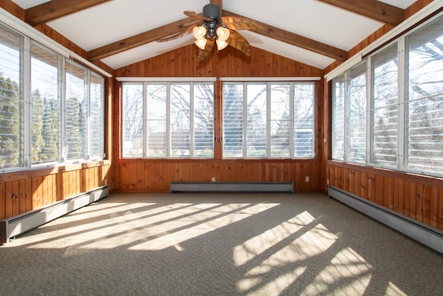 unfurnished sunroom featuring a baseboard heating unit, vaulted ceiling with beams, and baseboard heating