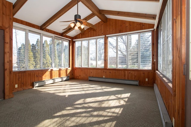 unfurnished sunroom featuring lofted ceiling with beams, baseboard heating, and a healthy amount of sunlight