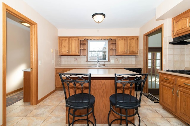 kitchen with under cabinet range hood, a sink, a healthy amount of sunlight, light countertops, and open shelves