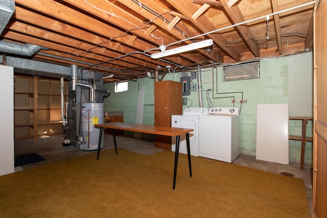 below grade area with electric panel, water heater, and washing machine and clothes dryer