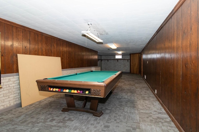 recreation room featuring wood walls, carpet, and pool table