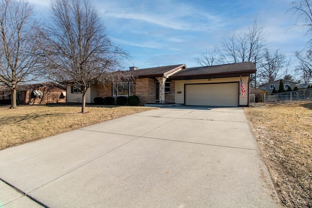 single story home featuring a garage, driveway, a chimney, fence, and a front yard