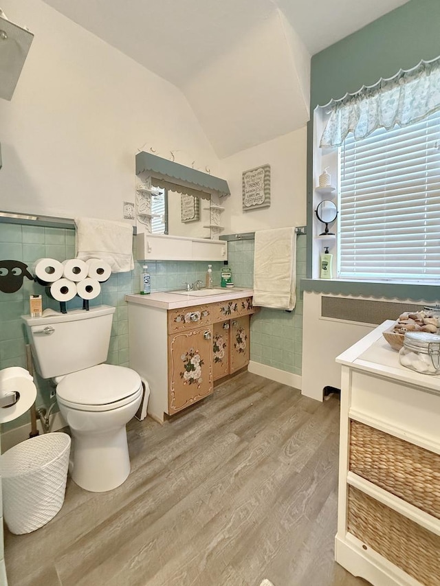 bathroom with toilet, a wainscoted wall, vaulted ceiling, and wood finished floors