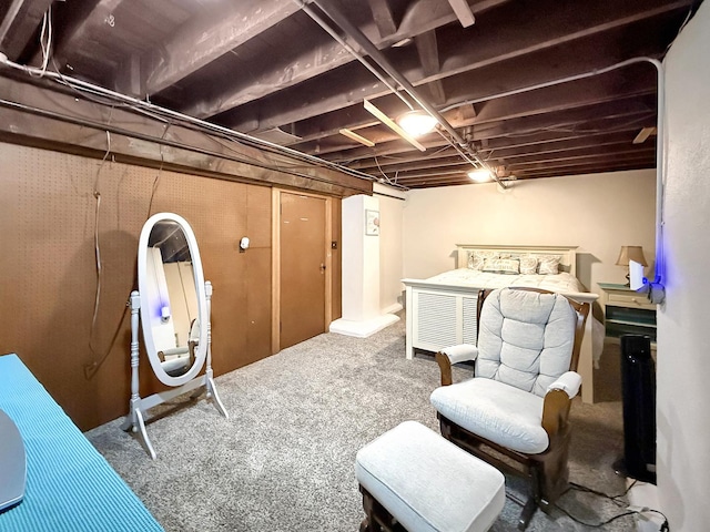 unfinished basement featuring carpet floors