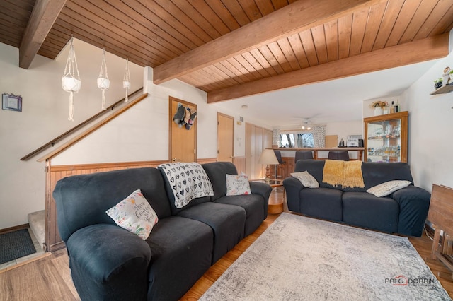 living room featuring light wood-type flooring, wooden ceiling, and beamed ceiling