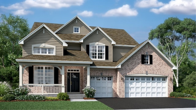 view of front of property with driveway, roof with shingles, an attached garage, covered porch, and brick siding