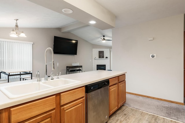 kitchen featuring lofted ceiling with beams, light wood-style floors, a sink, dishwasher, and ceiling fan with notable chandelier