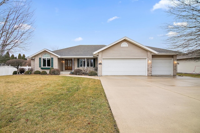 single story home featuring a garage, concrete driveway, fence, a front lawn, and brick siding