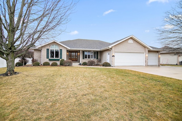 ranch-style house featuring a garage, driveway, brick siding, and a front lawn