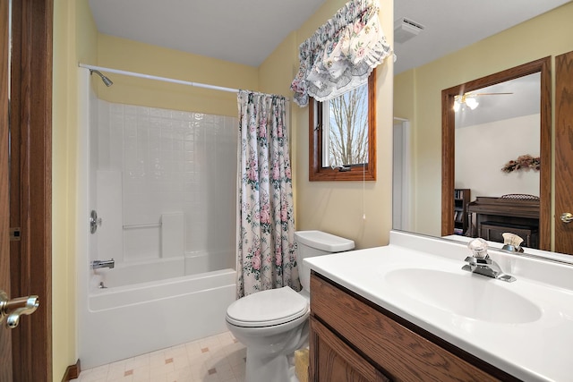 full bathroom featuring toilet, shower / tub combo, tile patterned floors, and vanity