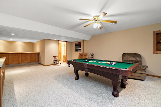 playroom featuring ceiling fan, recessed lighting, light carpet, billiards, and baseboards