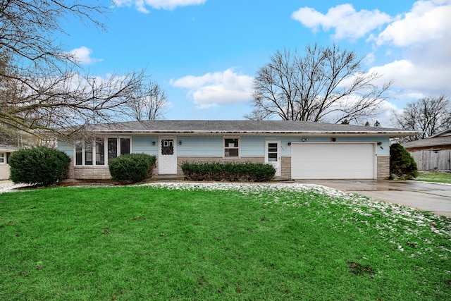 single story home with a garage, concrete driveway, a front lawn, and stone siding