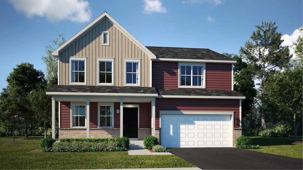 view of front of property featuring driveway, brick siding, board and batten siding, and a front lawn