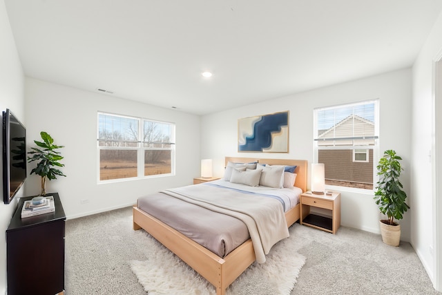 bedroom featuring carpet, multiple windows, and baseboards