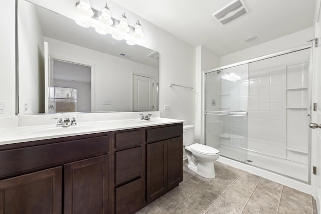 full bath with double vanity, a stall shower, visible vents, toilet, and a sink