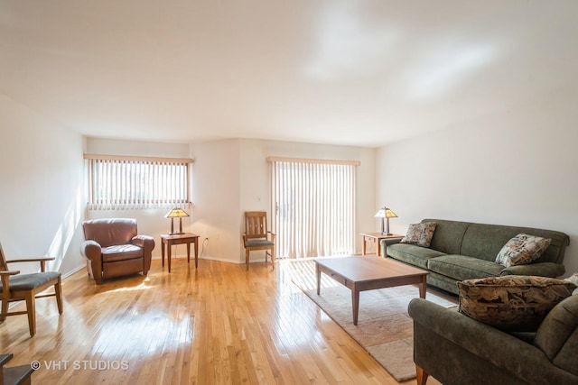 living room with baseboards and light wood-style floors