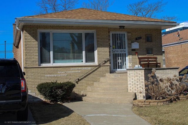 bungalow-style house featuring roof with shingles and brick siding