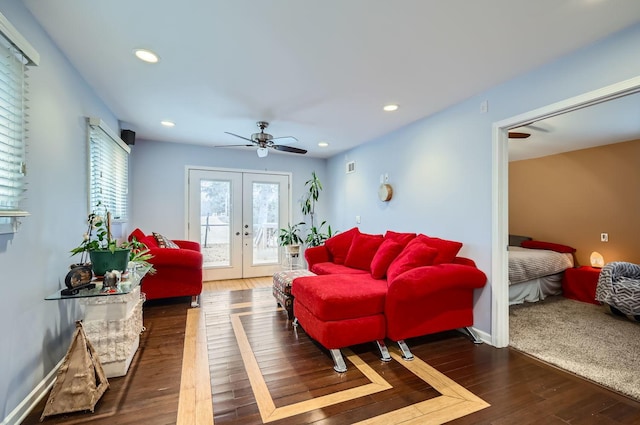 living area with recessed lighting, french doors, baseboards, and wood finished floors