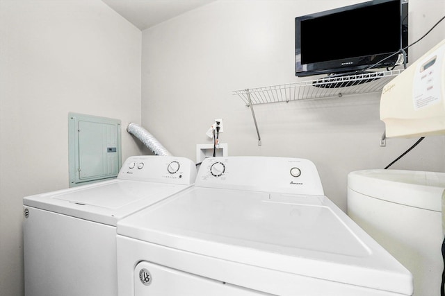 laundry area with laundry area, washing machine and clothes dryer, and electric panel