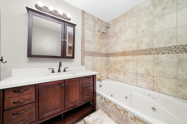 full bathroom with a combined bath / shower with jetted tub and vanity