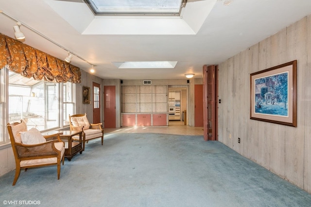 unfurnished room featuring light carpet, built in features, wooden walls, a skylight, and rail lighting