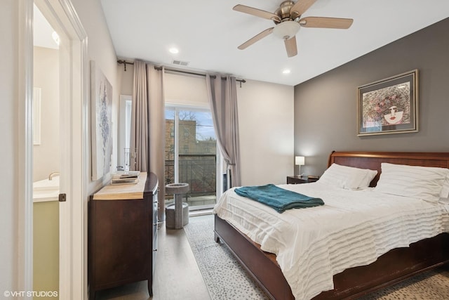 bedroom with connected bathroom, recessed lighting, a ceiling fan, access to exterior, and visible vents