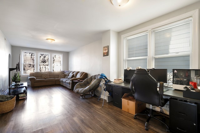 home office with dark wood finished floors