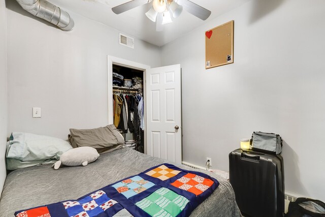 bedroom featuring a ceiling fan, visible vents, and a closet