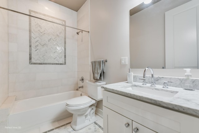 full bathroom with washtub / shower combination, vanity, toilet, and tile patterned floors