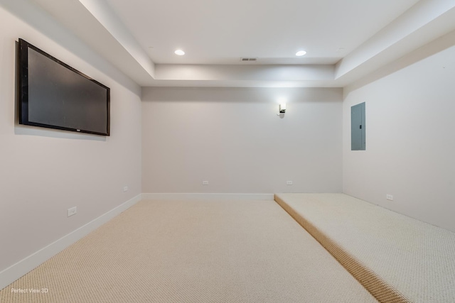 below grade area featuring baseboards, visible vents, carpet flooring, and recessed lighting