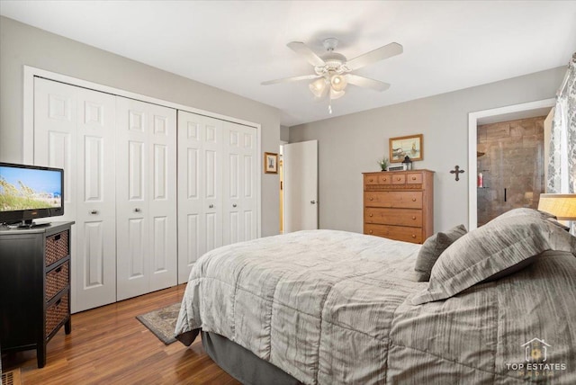 bedroom featuring wood finished floors, a closet, and ceiling fan