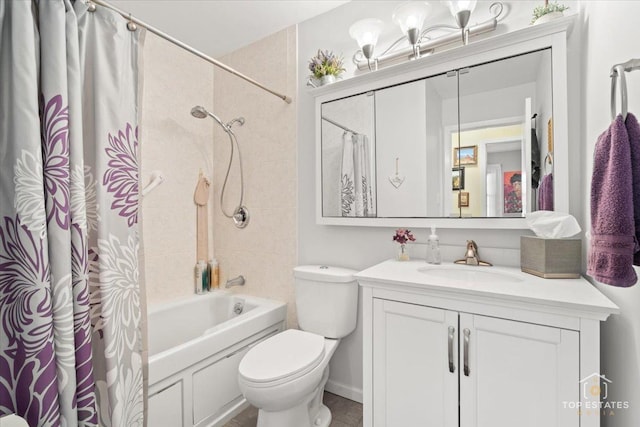 bathroom with toilet, vanity, and shower / bath combo with shower curtain