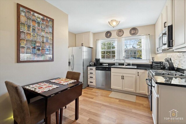 kitchen featuring dark countertops, light wood-type flooring, decorative backsplash, appliances with stainless steel finishes, and a sink