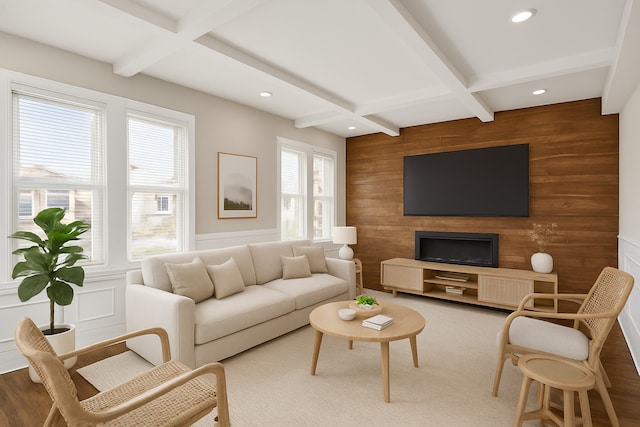 8837 S Throop St, Chicago, IL 60620 - living room featuring beam ceiling, wooden walls, an accent wall, recessed lighting, and coffered ceiling
