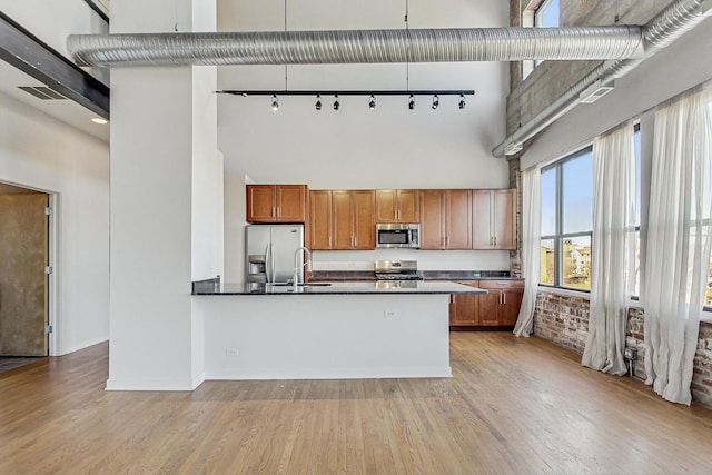 kitchen featuring a towering ceiling, dark countertops, light wood-style flooring, and appliances with stainless steel finishes