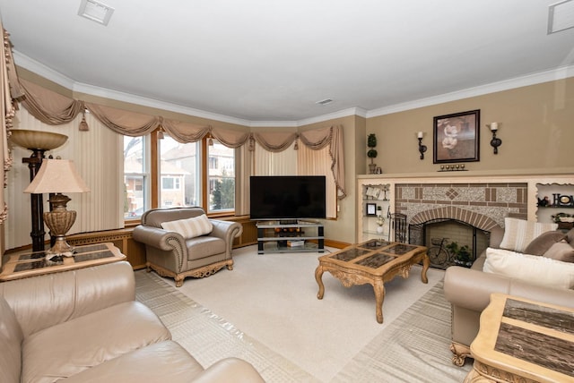 living area featuring a brick fireplace, light colored carpet, crown molding, and visible vents