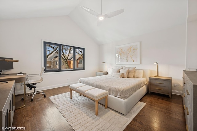 bedroom with ceiling fan, baseboards, high vaulted ceiling, and dark wood finished floors