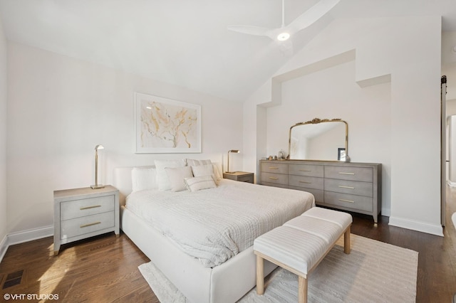 bedroom with ceiling fan, visible vents, baseboards, and dark wood finished floors