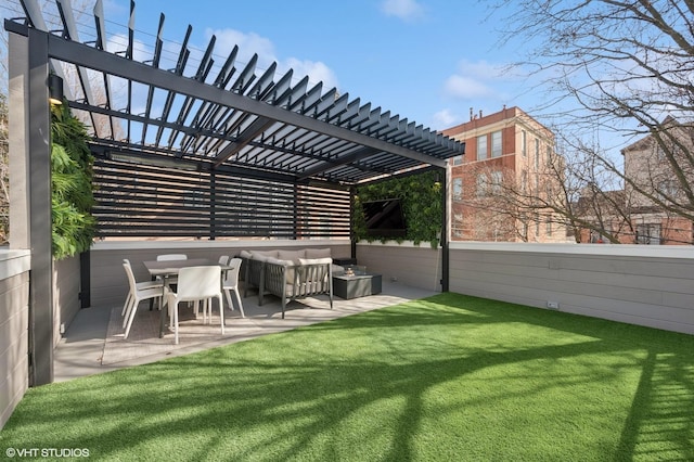 view of yard with outdoor lounge area, a patio, and a pergola