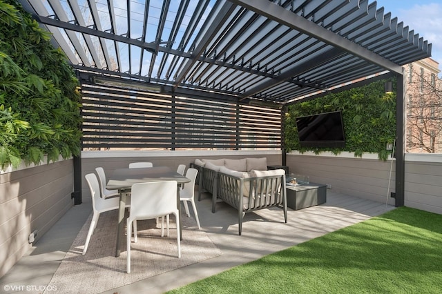 view of patio with an outdoor hangout area, outdoor dining space, and a pergola