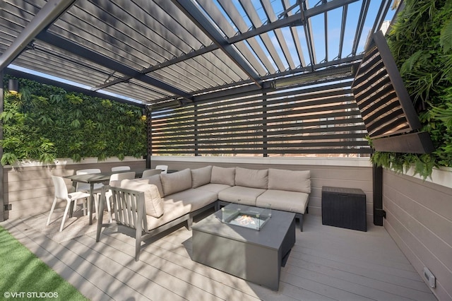 wooden terrace featuring an outdoor living space with a fire pit, outdoor dining area, and a pergola