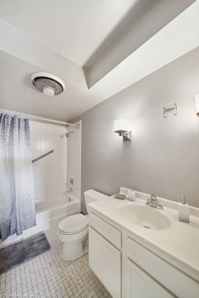 bathroom with vanity, shower / bath combination with curtain, toilet, and tile patterned flooring