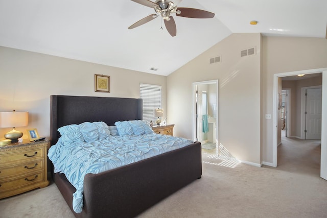 carpeted bedroom with vaulted ceiling, ceiling fan, visible vents, and baseboards